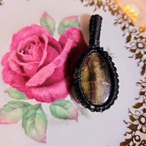 2" Xtra-Chnky, Unique Black Macramed, Pear-Shaped, Natural Flourite Cab Pendant.